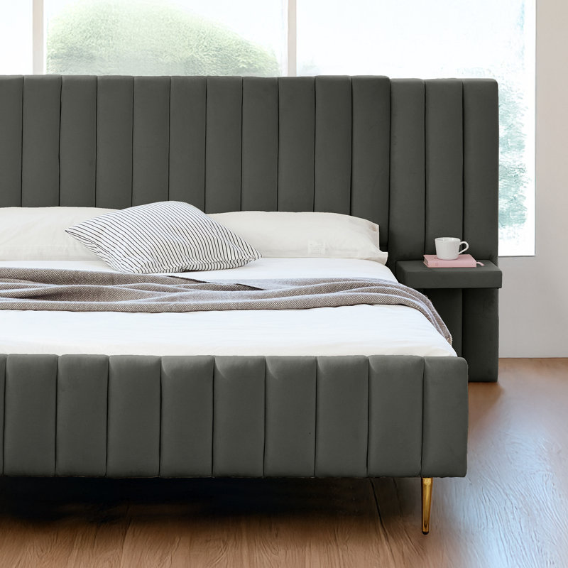 Velvet Upholstered Modern Platform Bed Set With Bedside Panel Nightstand, No Box Spring Needed, Gray, Queen