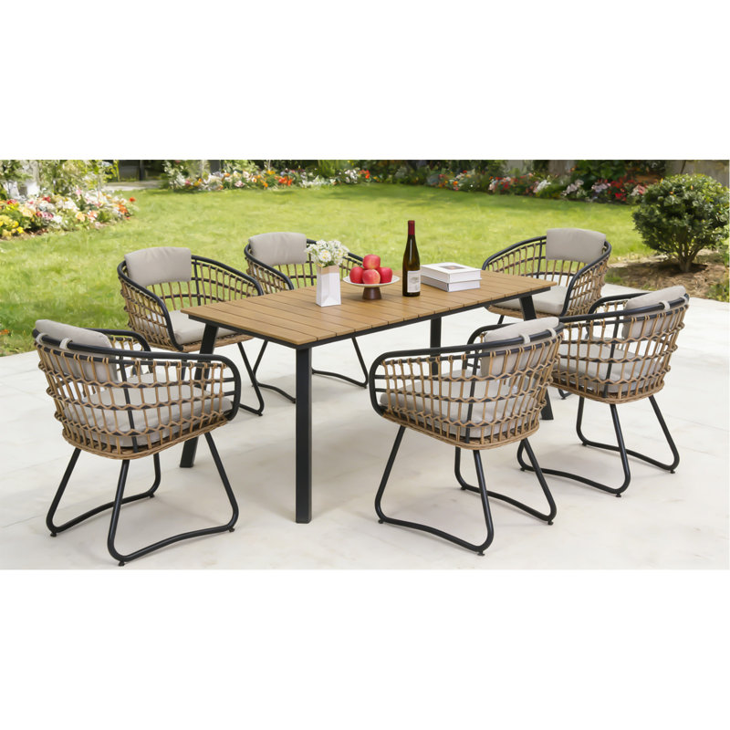 Ensemble repas 7 pièces en osier avec table en bois d'acacia