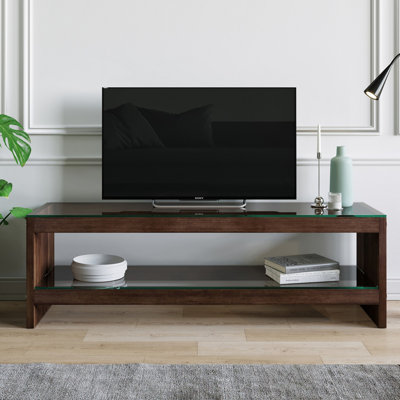 Meuble télé moderne, couleur noyer, 55,1 po x 17,7 po x 15,7 po | 100% bois de pin massif, épaisseur 8 mm, cadre 100% verre trempé | Comprend plusieurs tablettes, conception murale | Solution de divertissement à la maison élégante et fonctionnelle