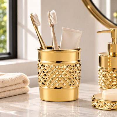 Ensemble 3 pièces d'accessoires de salle de bain en céramique dorée