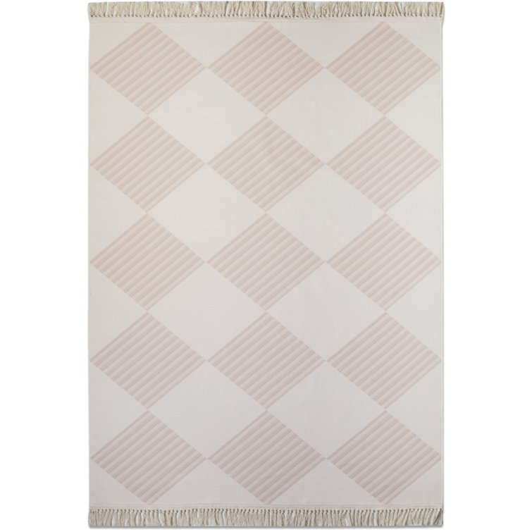 Simple Fresh Square Pattern Non-Slip Bottom Cotton Fabric Soft Pink Carpet Fringed Area Rug