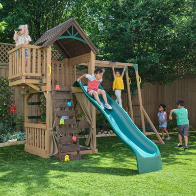 Hangout Hideaway Clubhouse, Wooden Playset With Slide And Monkey Bars