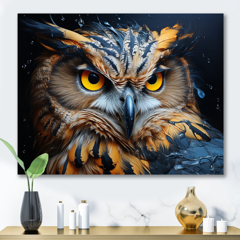 Hibou jaune hypnotisant III, H 12 po x l 20 po x P 1 po, Toile tendue