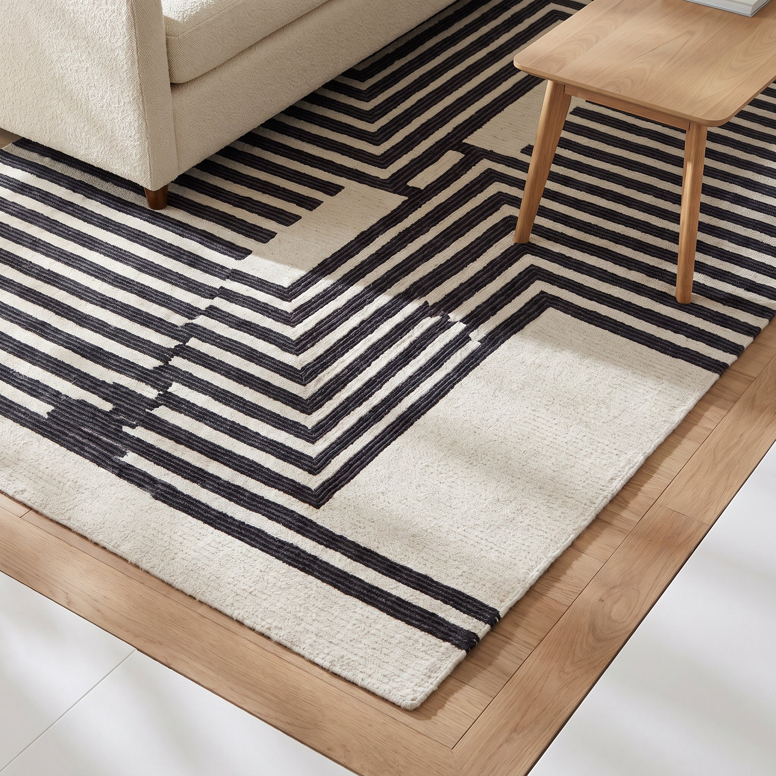 Raku Ivory Black Hand-Woven Abstract Rug, Rectangle 8' x 10'