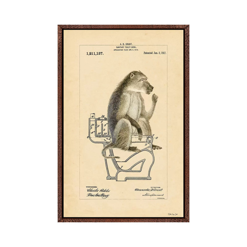 Monkey In Bowl - Print on Canvas, Classic Brown Wood Floater Framed, 66.04cm H x 45.72cm W x 3.81cm D