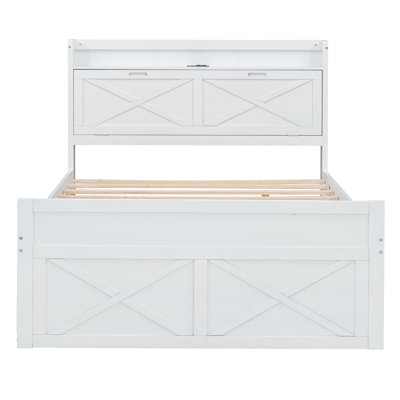 Wooden Bed With Storage Headboard With Outlets, Extendable Bed With Twin Size Trundle With Three Storage Drawers,