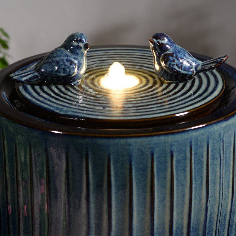 2-Tier Dark Blue Ceramic Bird Bath Fountain, Decorative Water Fountain with LED Lights and Quiet Pump, Indoor Outdoor Water Feature for Patio, Garden, Deck, Balcony, Office and Home Décor, Relaxing Cascading Water Design