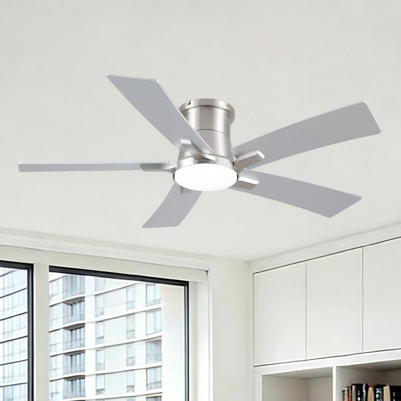 Modern 46" Indoor Brushed Nickel Flush Mount Ceiling Fan with Integrated LED, Remote and  5 Two-Tone Blades, Silver, 46"