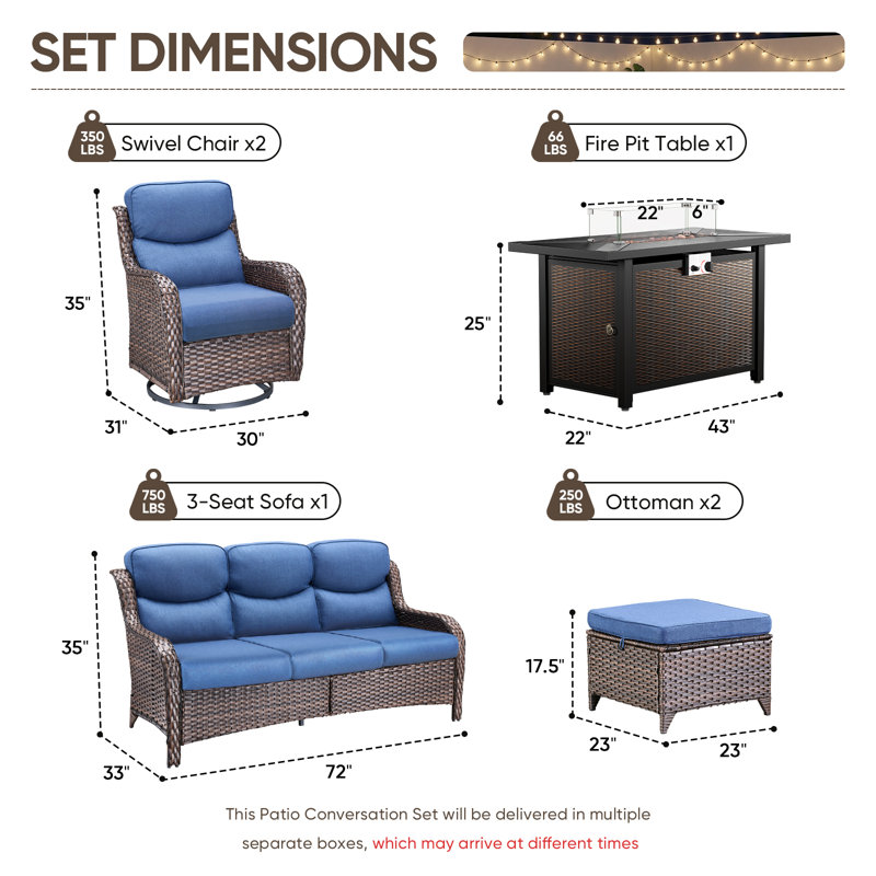 Simino 6-Piece Outdoor Wicker Patio Rectangle Metal Fire Pit Table Conversation Set With Swivel Gliders And Ottomans, Blue