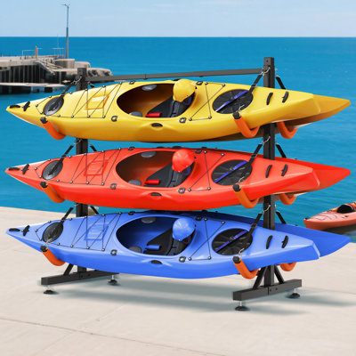  Support de rangement autoportant pour 6 kayaks Leeara, support à largeur réglable avec base stable, 12 cordes élastiques, manchons en tube EVA, pour le garage intérieur et extérieur