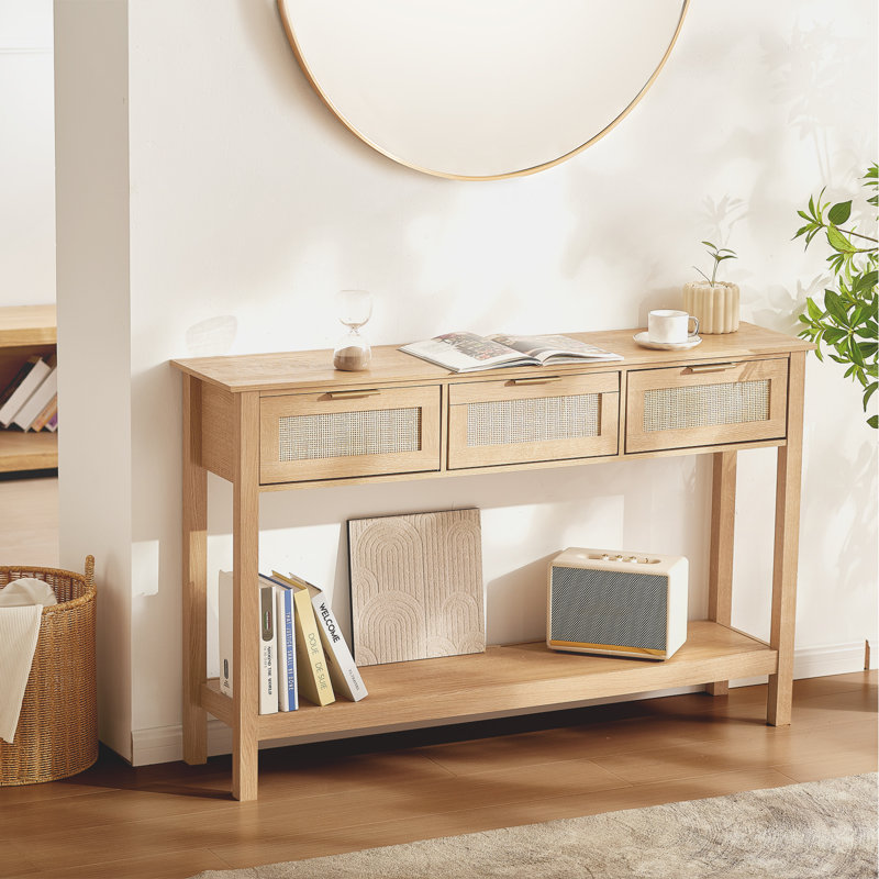Bay Isle Home™ Rattan Console Table with 3 Storage Drawers Rattan Sliding Door, Natural Wood