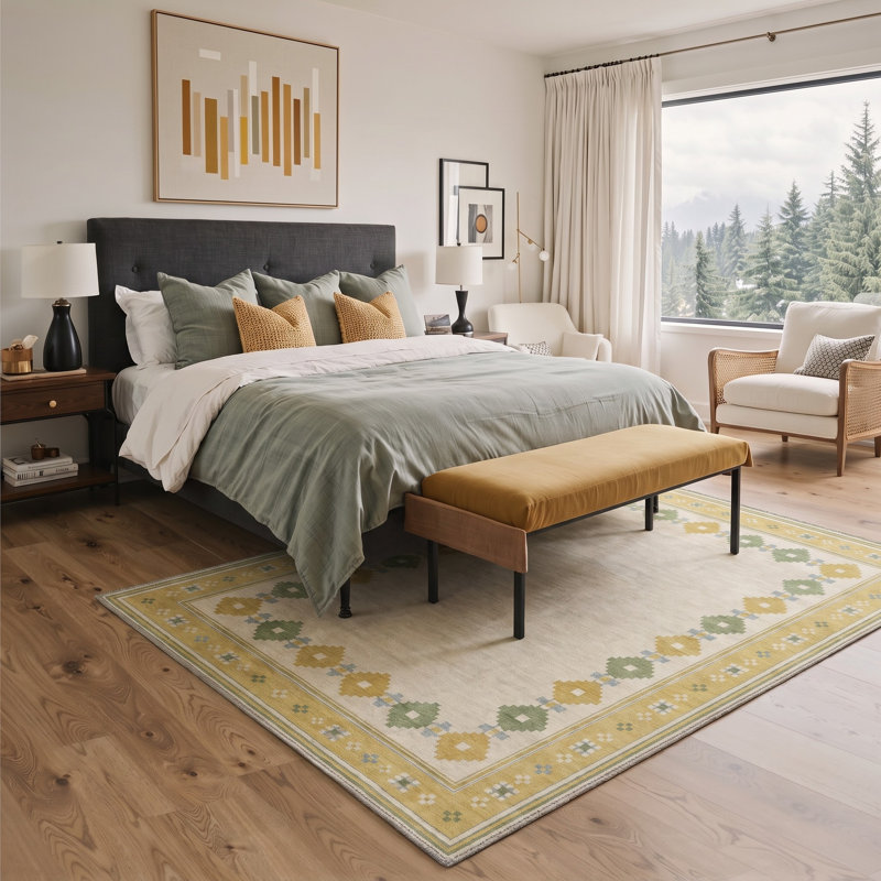 Tapis marocain beige/vert lavable à la machine avec envers antidérapant, Rectangle 8' x 10'