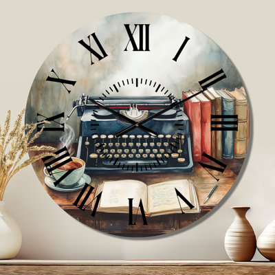 Machine à écrire et thé nature morte - horloge murale ronde en métal rétro