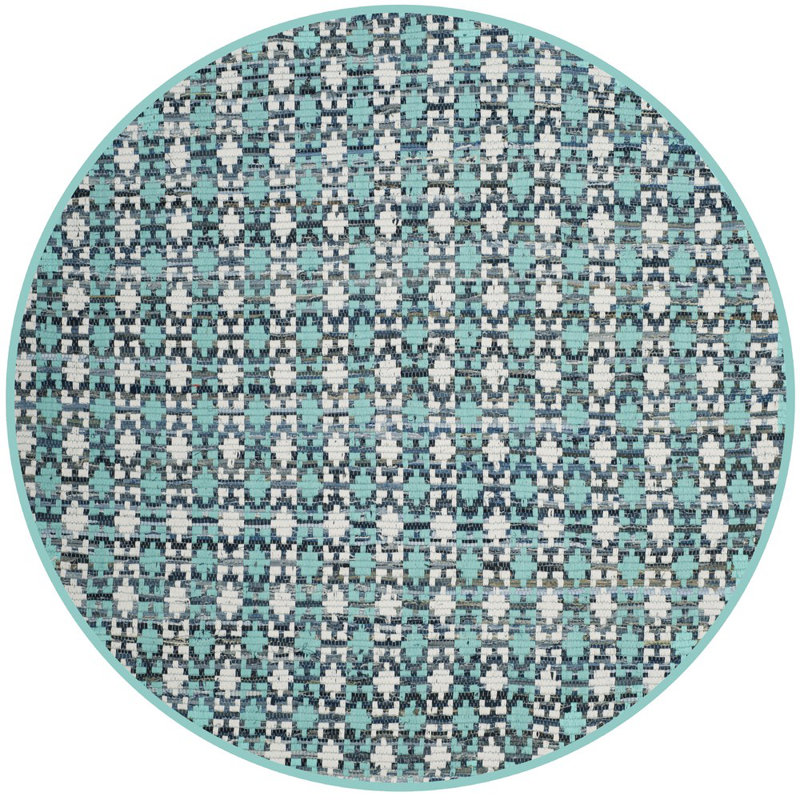 Saleem Flatweave Cotton Turquoise/Navy Blue/White Area Rug, Round 4'