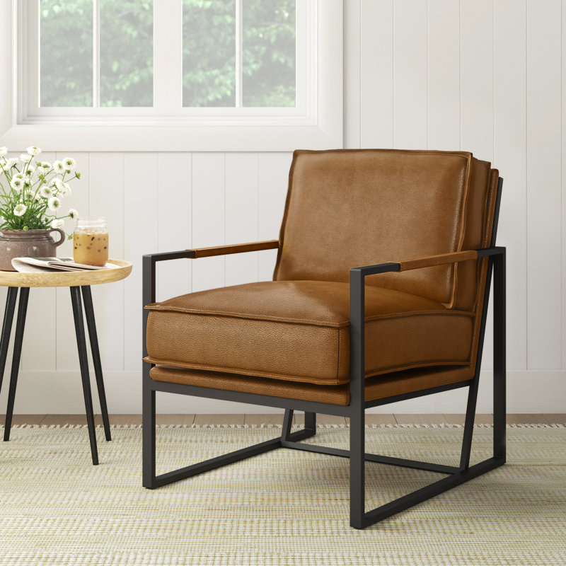 Fauteuil en cuir fleur Gains, Cuir véritable brun moyen