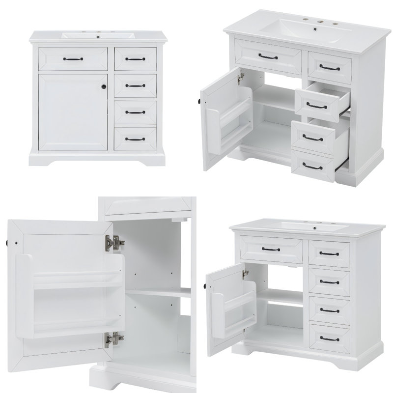 Meuble-lavabo blanc 36 po avec lavabo en céramique, tiroirs de rangement et portes à fermeture en douceur