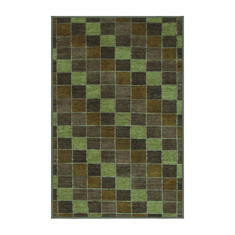 Tapis à carreaux en laine / polyester tissé à la machine en vert / brun, Rectangle 5 pi x 7 pi