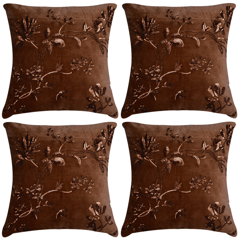 Ensemble de housses de coussin en lin et velours brun avec broderie - Décoration de Noël 18 x 18 pour canapé et lit, 18 x 18