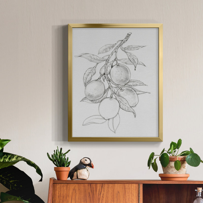 Branche de fruits I - Toile encadrée de qualité supérieure - prête à être accrochée, Toile avec cadre doré