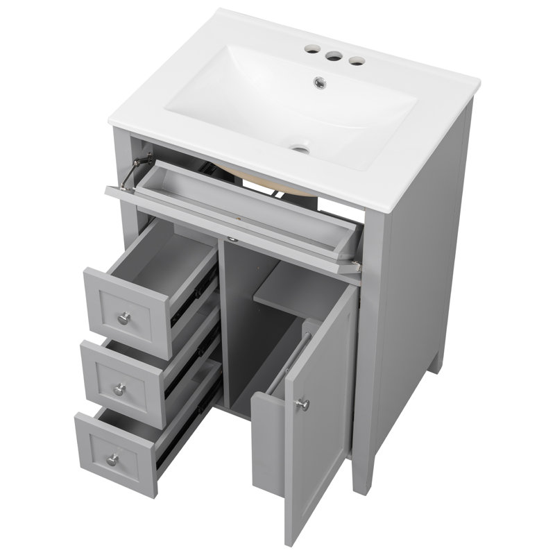24'' Freestanding Bathroom Vanity With Ceramic Top, Gray