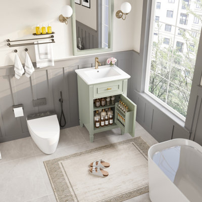 Meuble-lavabo de 20 po avec lavabo, tablette réglable, tiroir inclinable et bois d'hévéa pour les petits espaces de vie