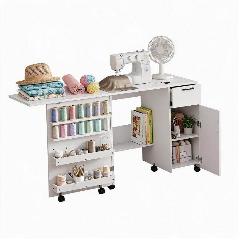 Table de couture pliante avec rangement, table de machine à coudre avec tiroir coulissant et armoire, poste de travail polyvalent avec roues verrouillables et tablettes réglables pour la maison