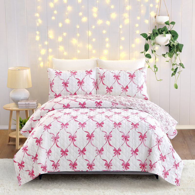 Ensemble de courtepointe légère réversible Abigail Bow, Courtepointe pour lit simple + 1 taie décorative , Rose