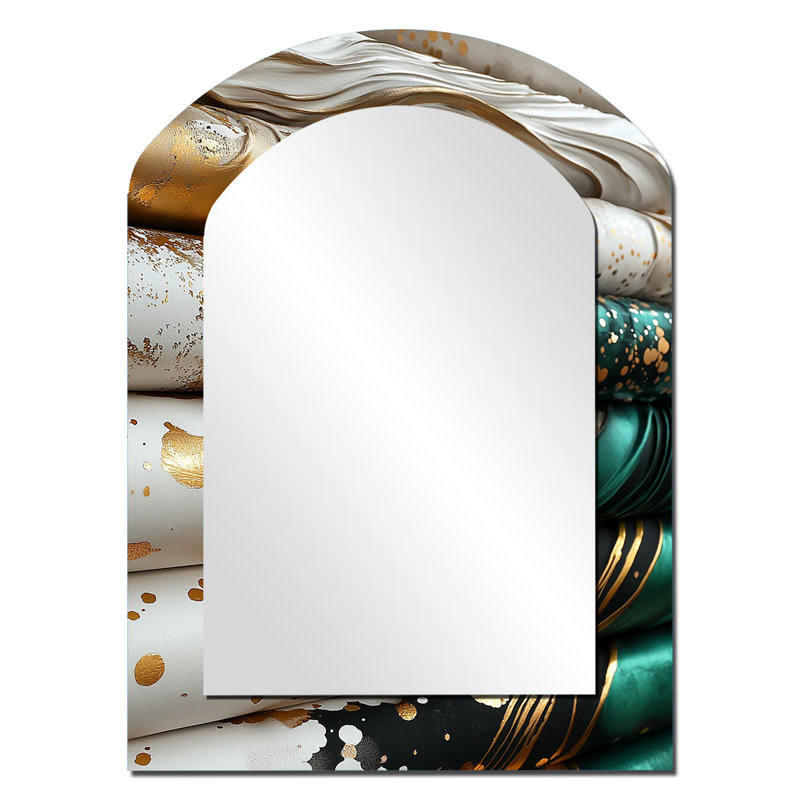 Gold Moroccan Textiles I - Morocco Arch Mirror, Gold Asymmetrical Decorative Wall Mirror, Printed Metal Art, 34" x 25"