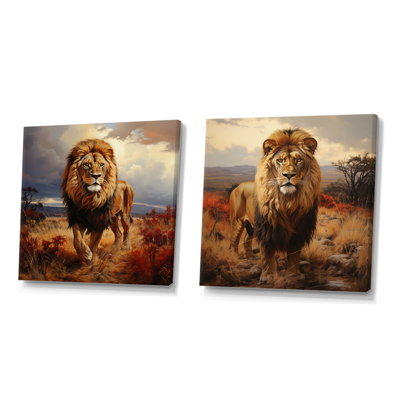 Ensemble de 2 décorations murales lion d'Afrique Savannah I - Lion, Toile tendue, H 36 po x l 73 po x P 1,5 po