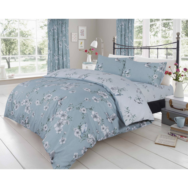Birdie Blossom Duvet Cover and Pillowcases Set, Polycotton, Machine Washable, Soft Yarn Bedding, Duck Egg, Double