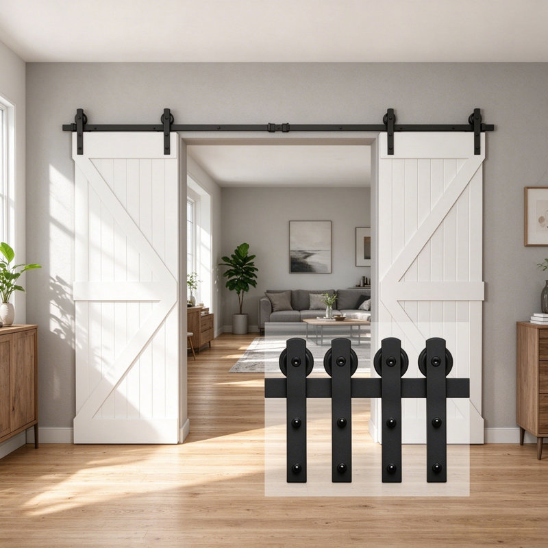 Ensemble de rail droit en acier noir de 3 m (10 pi) et 3 m (120 po) pour portes doubles avec guide au sol