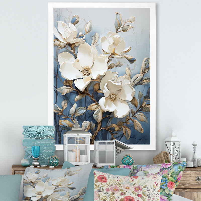 Art mural bleu et blanc peint Magnolias, Cadre simple blanc, H 44 po x l 34 po x P 1,5 po
