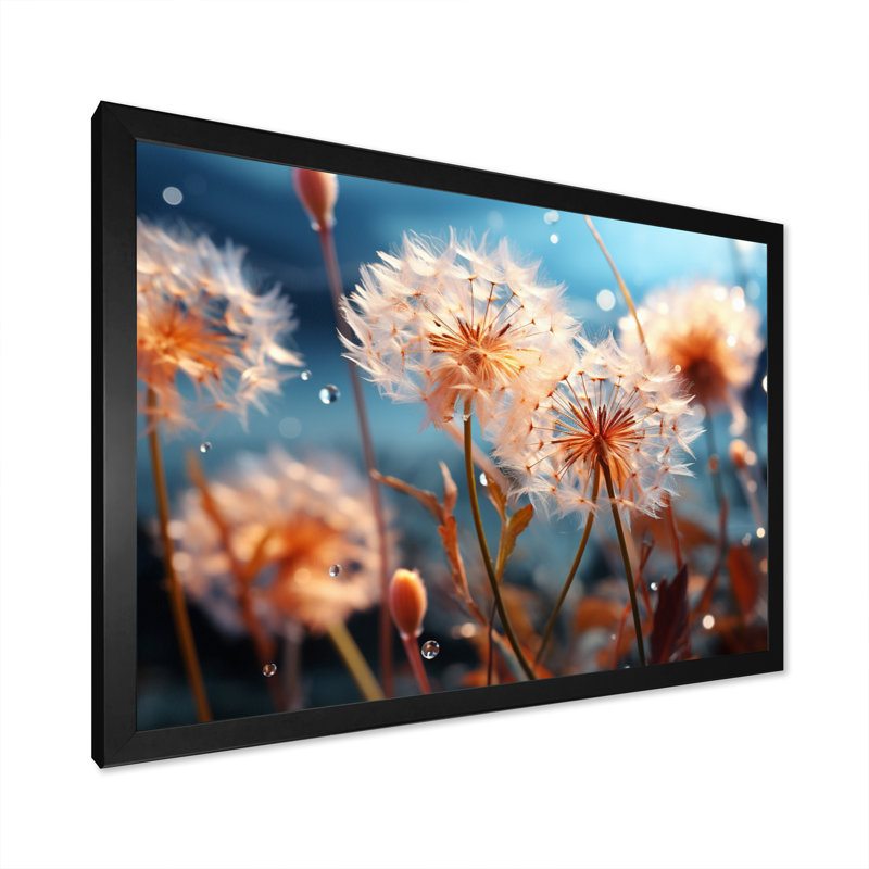 Blue Dandelion Dancing In The Morning II - Floral Wall Art Prints, H 12 po x l 20 po x P 1 po, Cadre simple noir