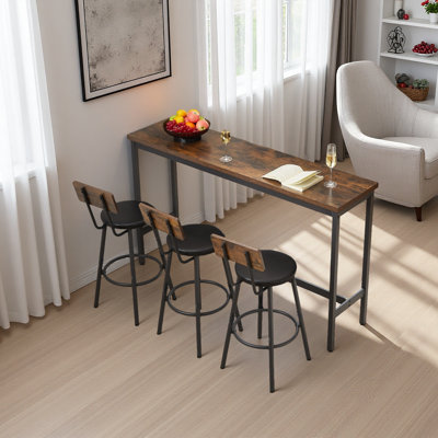 Long Bar Table Set With 3 PU Upholstered Bar Stools, Industrial Bar Table And Chairs For Kitchen Breakfast Table