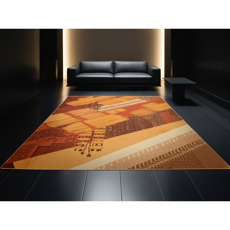 Machine Washable Olveston Tamales Global Inspired Block Print Rug in Brown – LightBrown Binding, 5x7
