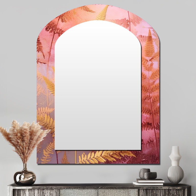 Gold Pink Fern Fonds - Floral Asymmetrical Decorative Mirror, Modern Arch Large Wall Mirror, Printed Metal Art, 43" x 33"