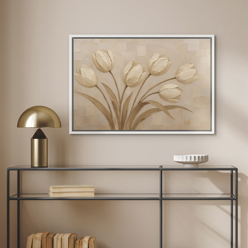 «Beige Tulips», impression botanique sur toile encadrée, H 16 po x l 24 po, Blanc