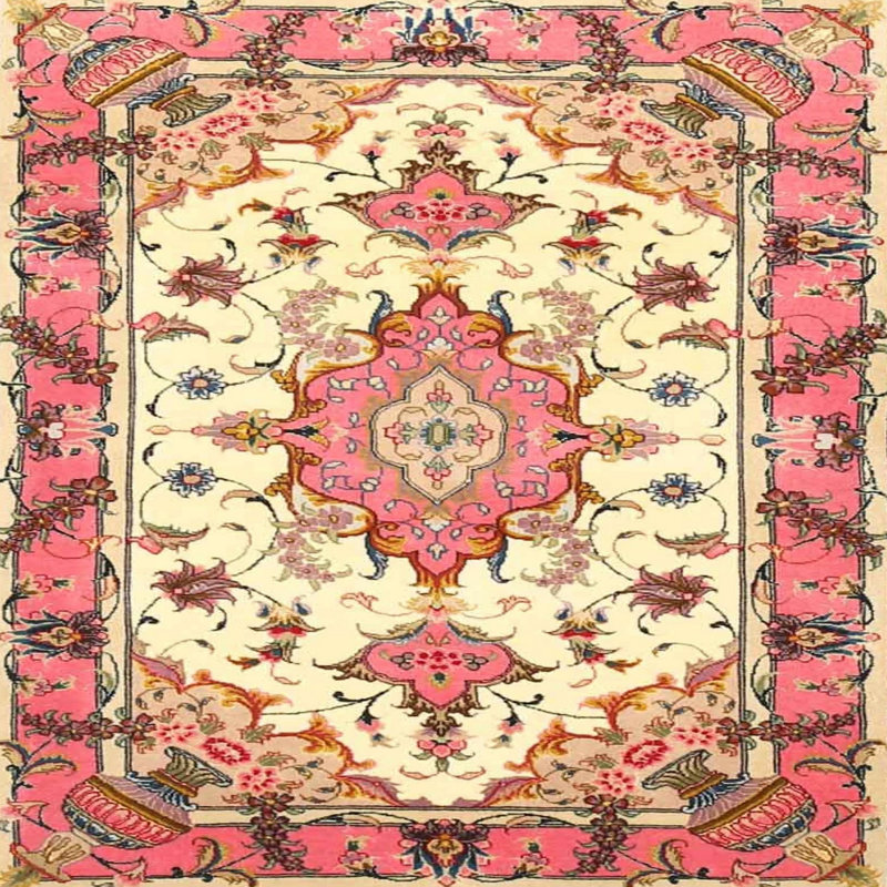 Tapis oriental rose / crème / bleu, Carré 7 pi