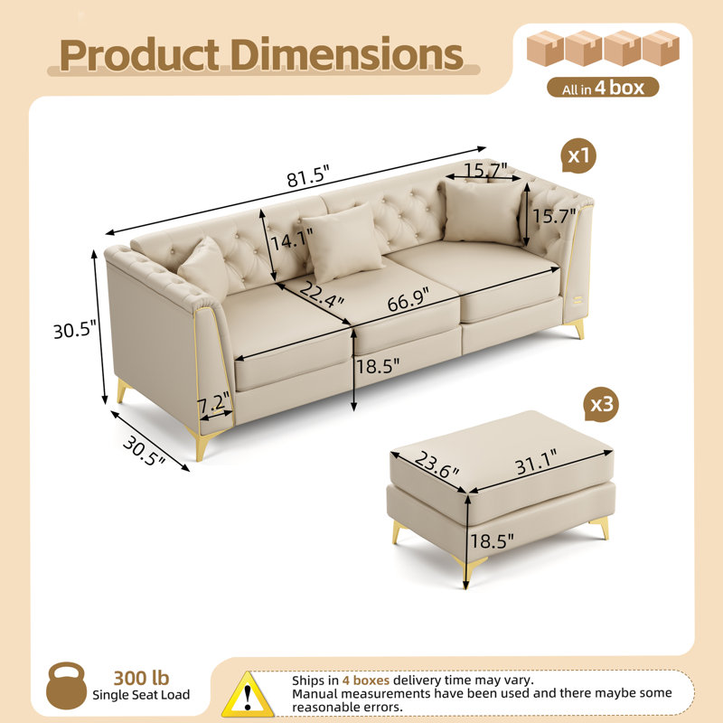 Canapé Chesterfield modulaire léger de luxe avec capitonnage à boutons, Beige + similicuir blanc
