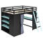 Lit mezzanine pleine grandeur avec garde-robe, tablettes de rangement, rideaux occultants et lumières RVB, lit en bois pour enfants peu encombrant, noir et bleu-1324948