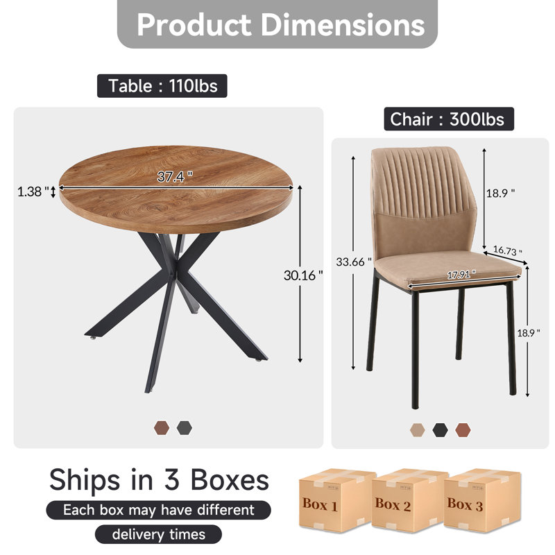 5-Piece Round Dining Table Set, 37 Inch Kitchen Table And 4 PU Leather Chairs, Beige