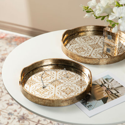 Plateaux ronds à miroir abstrait doré avec poignées