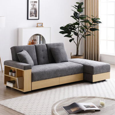 Multifunctional Convertible , Storage , Reversible Armrest, Drop - Down Table, Small Spaces, Grey, Linen Fabric, Foam Filler, Wooden Frame Double Folding Sleeper 2 Cup Holders, Guest Accommodation,