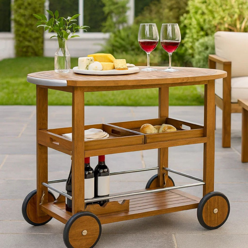 Chariot-bar roulant, 36 po rectangulaire, 3 niveaux, bois de chêne brun, argent