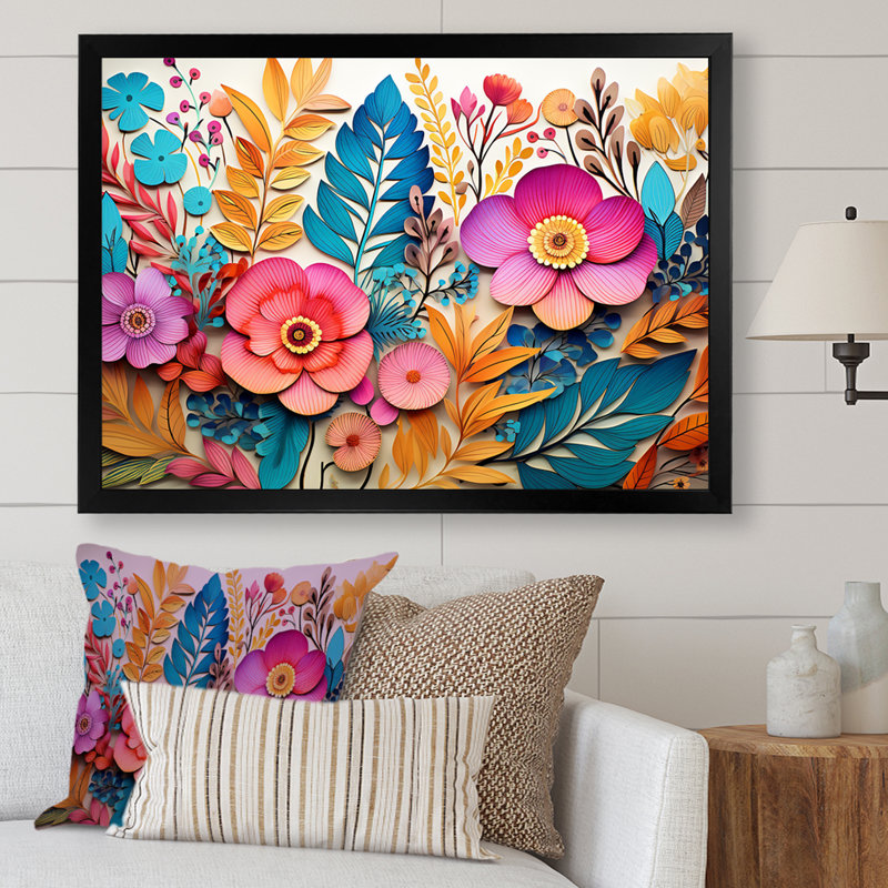 Colourful Vibrant Tropical Blossoms Collage - Fuschia Wall Art, Black Closed Corner Frame, 12" H x 20" W x 1" D