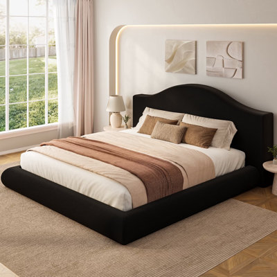 King Cloud Bed Frame, Modern Chenille Platform Bed Frame with Curved Wingback Headboard, Thick Soft Cushion Design, Low Profile Bedroom Furniture, Black, Not Include Box Spring