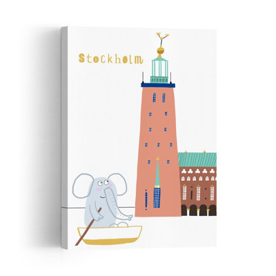 Elephant Boating Stockholm Playful Whimsical Abstract Elephant Architecture City Wall Art Print by Carla Daly - Wrapped Canvas Print