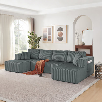 Canapé modulaire en U de 132 po en chenille de style nuage avec porte-gobelets et poches latérales pour le salon, aucun assemblage requis