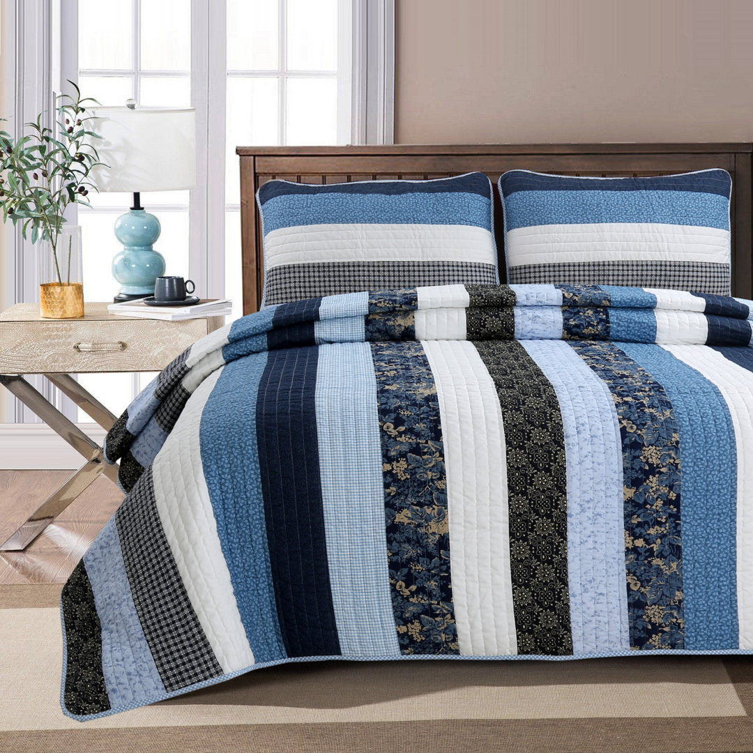 White/Blue/Navy Reversible Quilt Set Cozy Line Home Fashion