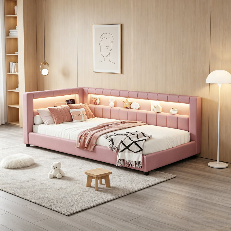 Lit plateforme simple tapissier rose avec ports de charge USB et ceinture lumineuse à DEL rose, Très grand simple, Pink
